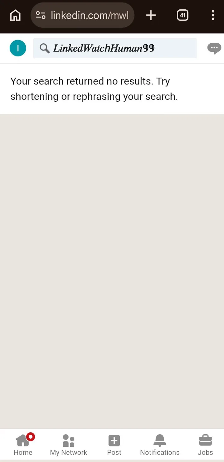 LinkedIn search for a nonsense string in styled characters with a no results message