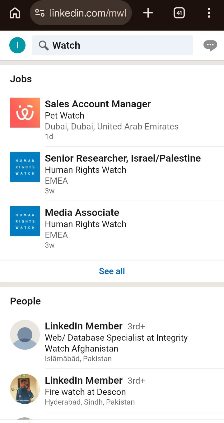 LinkedIn search for plain Watch showing Jobs and People results