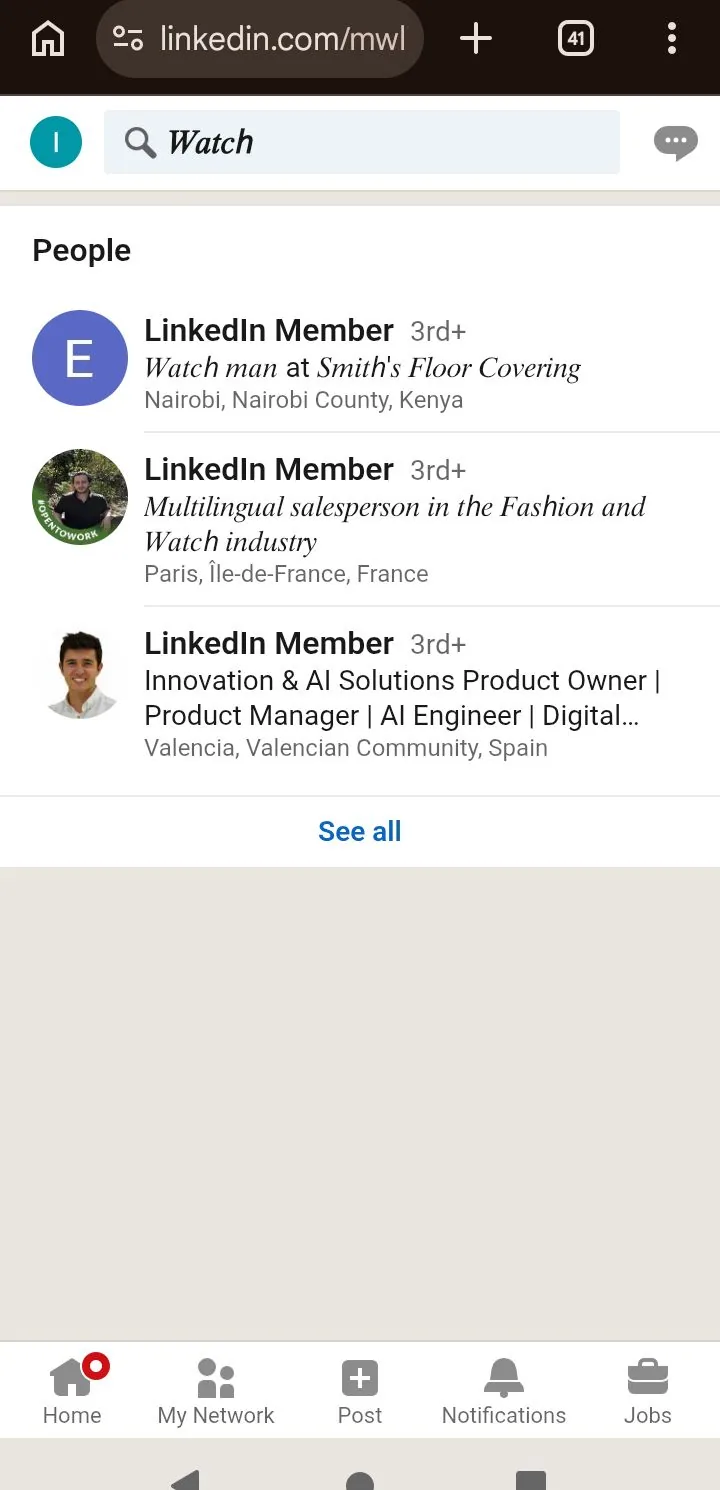 LinkedIn search for Watch in italic styled characters showing People results