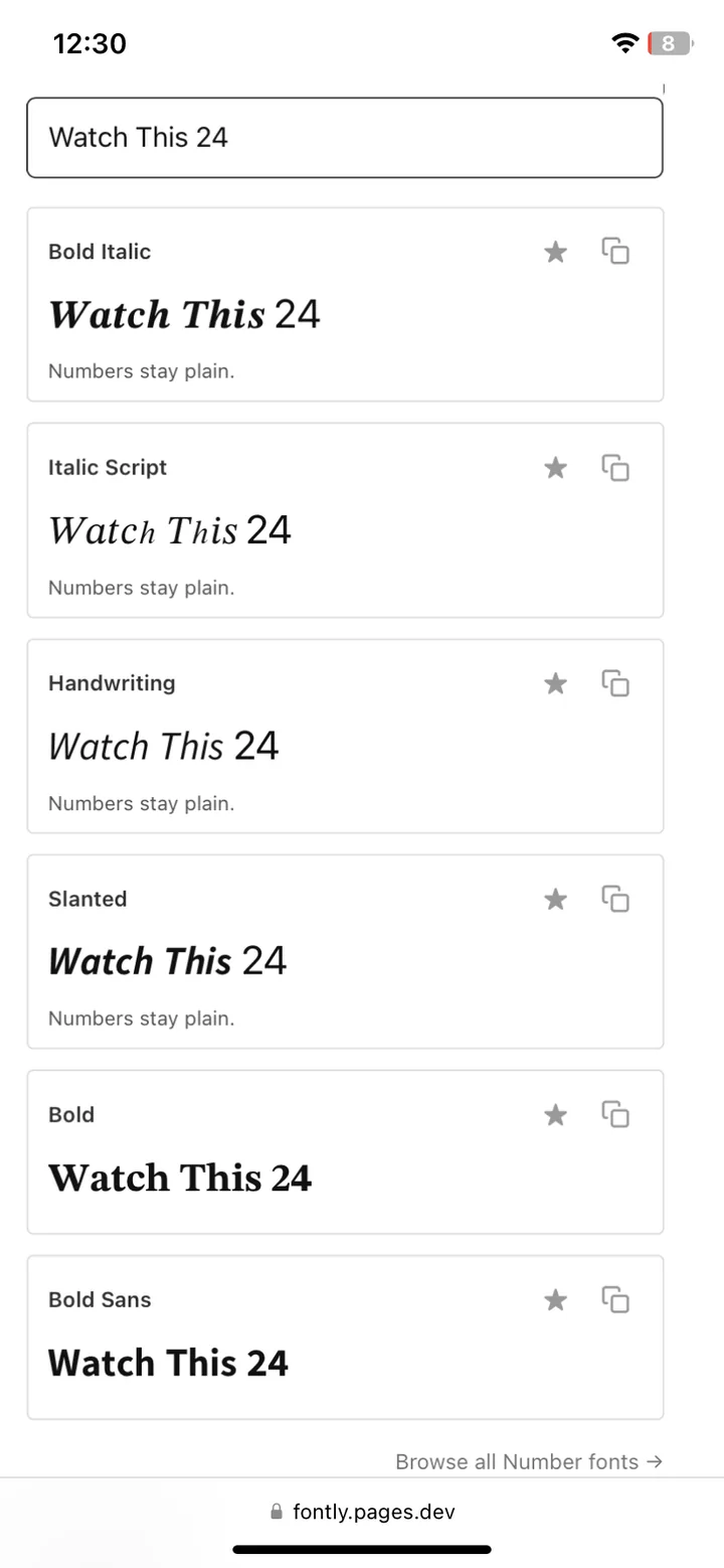 iPhone showing Watch This 24 in all six bold and italic styles with no empty boxes