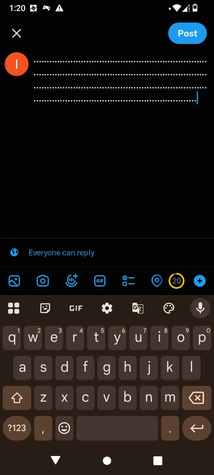 X post composer filled with dots and the character counter reading 20