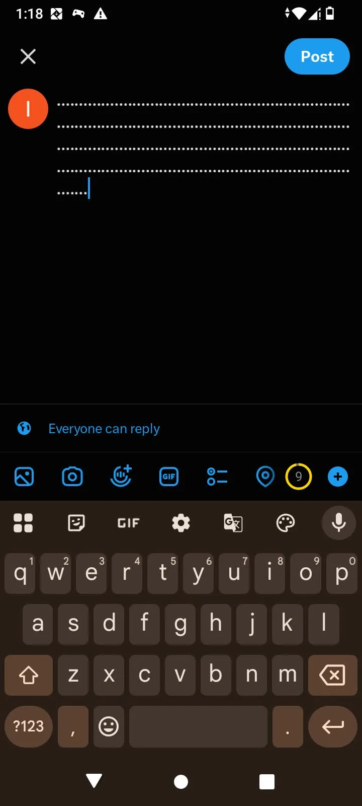 X post composer filled with dots and the character counter reading 9