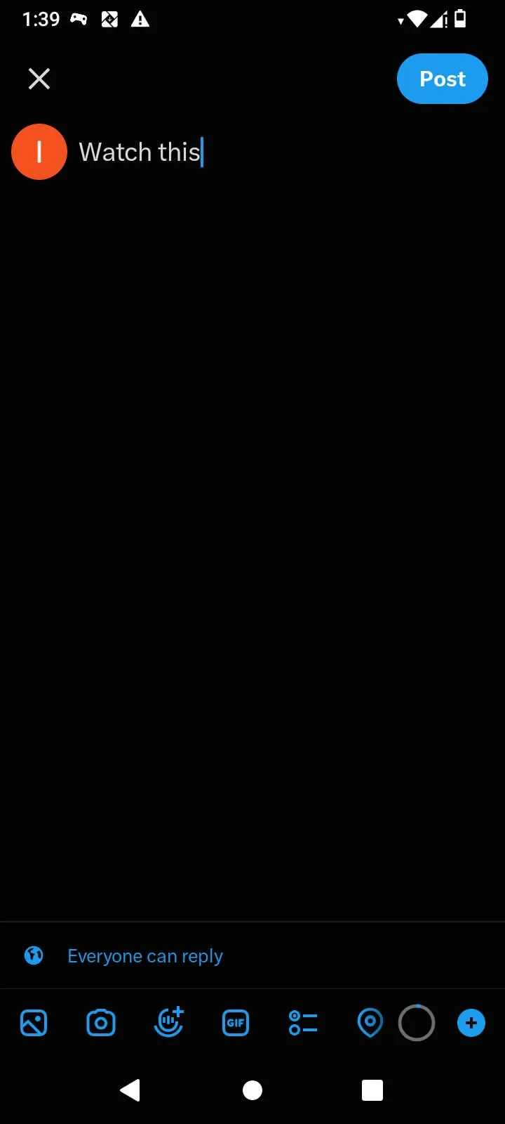 X post composer showing Watch this with an empty character counter ring and no number