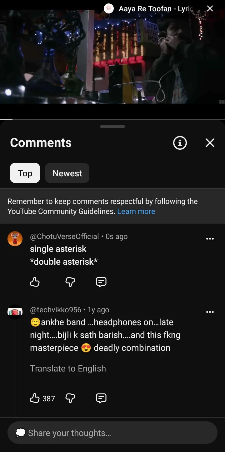A YouTube comment showing single asterisk and double asterisk text with neither line rendered bold