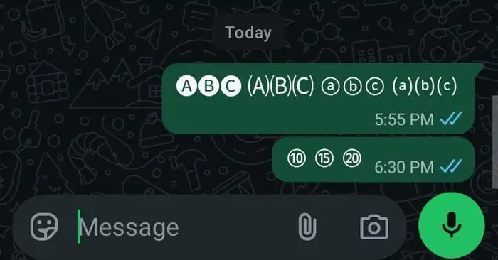four bubble alphabets pasted into a WhatsApp chat, all rendering as flat monochrome letters with no empty boxes
