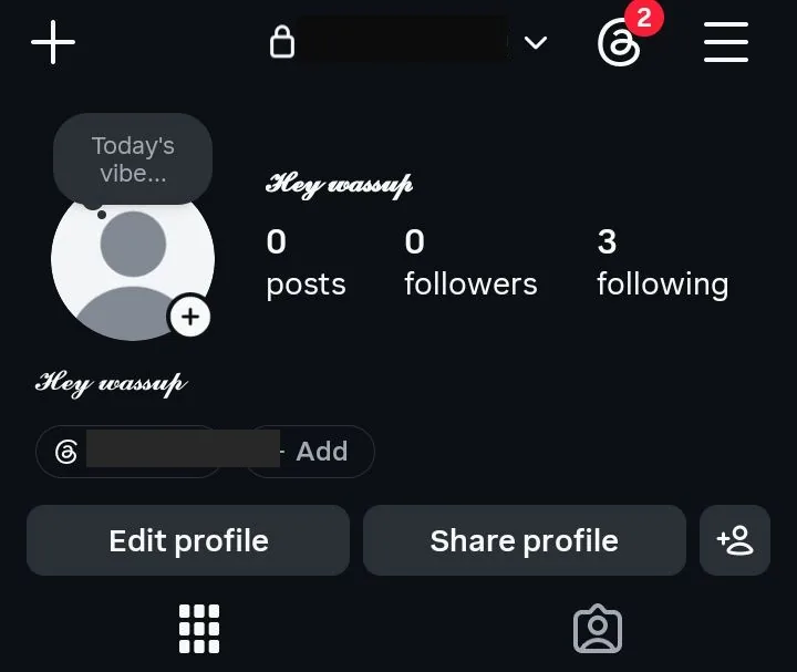 An Instagram profile with a cursive styled name in the name field and the bio, above a blurred username