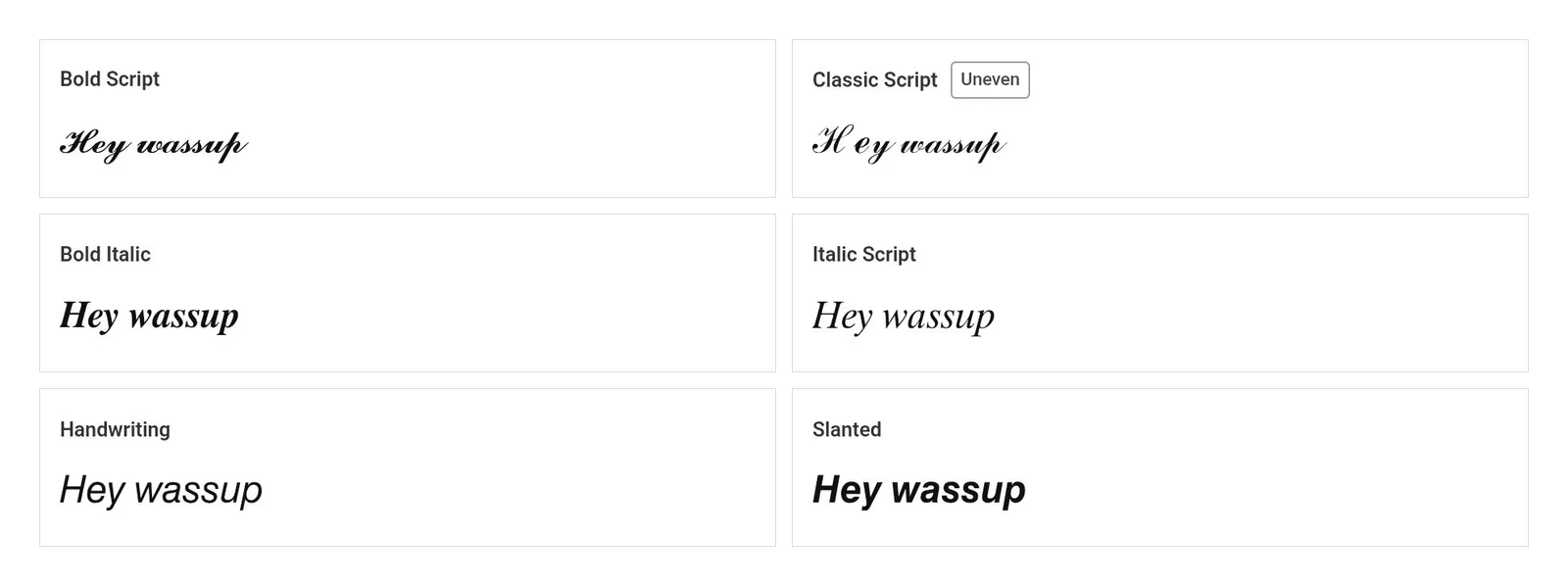 Cursive font generator showing the word Hey wassup in six cursive styles