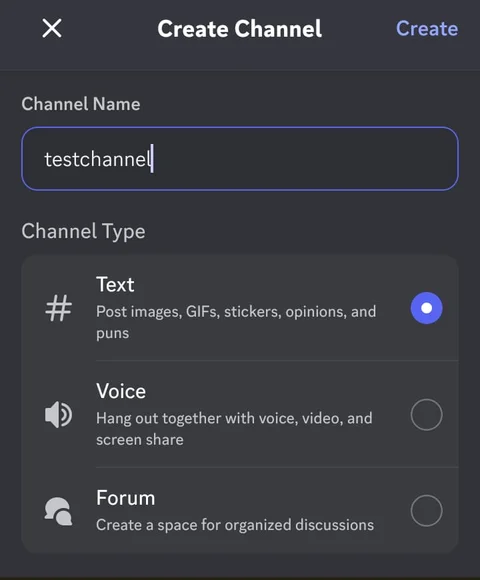 Discord's Create Channel dialog showing a pasted plain name already reduced to testchannel