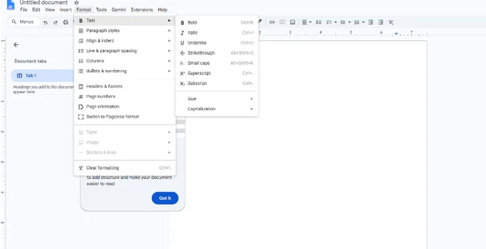 Google Docs Format then Text submenu showing Superscript and Subscript with keyboard shortcuts