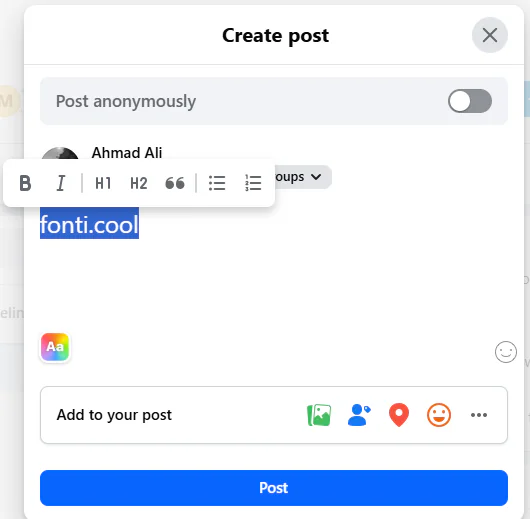 Facebook's own formatting menu in a group post, showing the Bold and Italic buttons beside H1, H2, quote and list controls above highlighted text