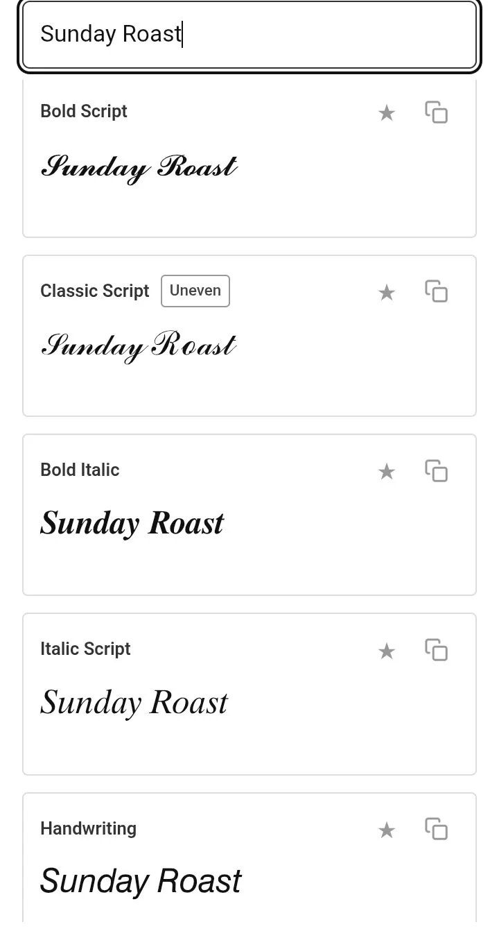 The Fonti Facebook font generator on a Redmi A2+ showing Bold Script, Classic Script, Bold Italic, Italic Script and Handwriting rendered in Sunday Roast without empty boxes