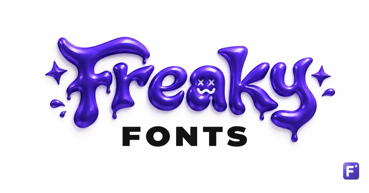 Purple Freaky Fonts lettering with a face motif and the Fonti mark.