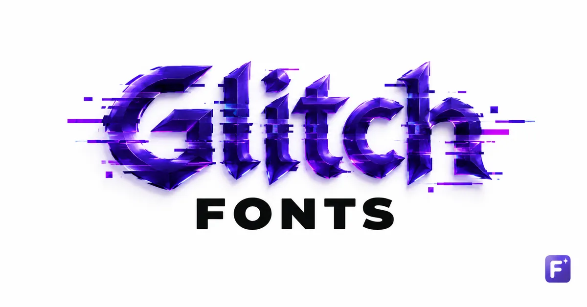 Purple Glitch Fonts lettering with horizontal distortion and the Fonti mark.