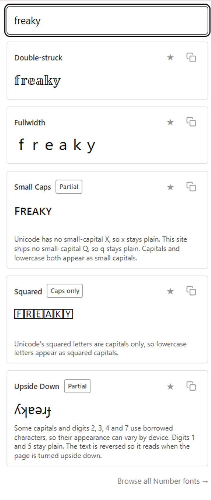 The Fonti freaky tool scrolled further, showing Double-struck, Fullwidth, Small Caps, Squared and Upside Down cards with Partial and Caps only badges