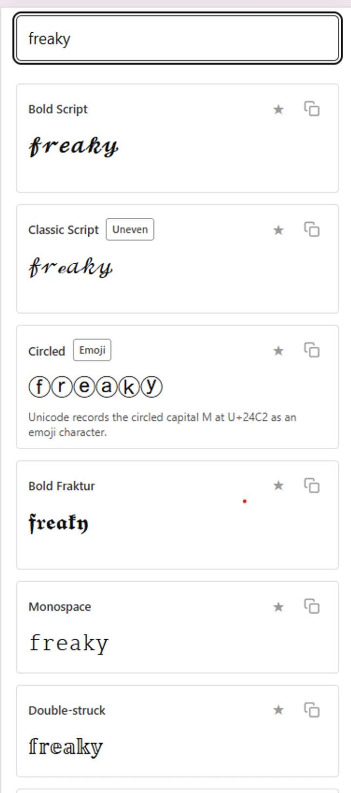 The Fonti freaky tool with freaky typed in, showing six style cards from Bold Script through Double-struck, including Uneven and Emoji caveat badges