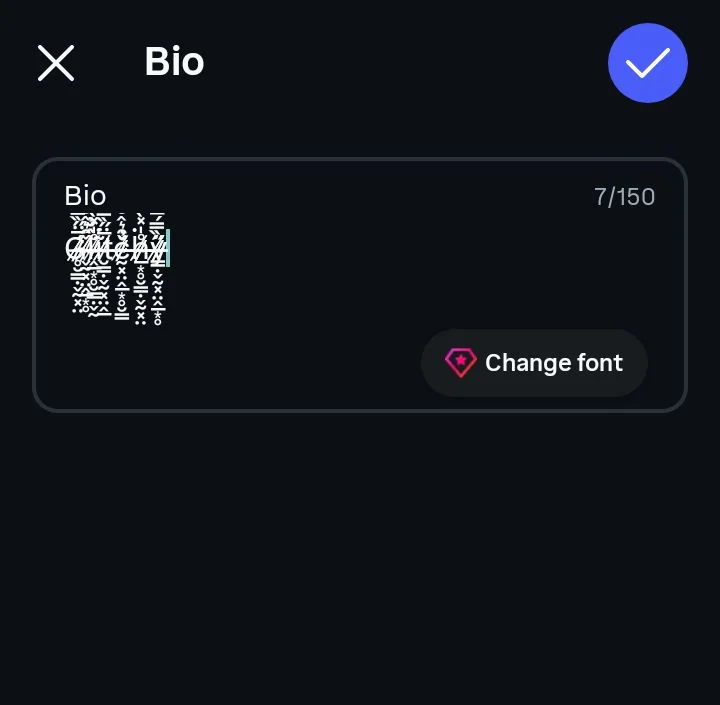 Heavy glitch text clipped by a fixed line height inside a mobile bio field