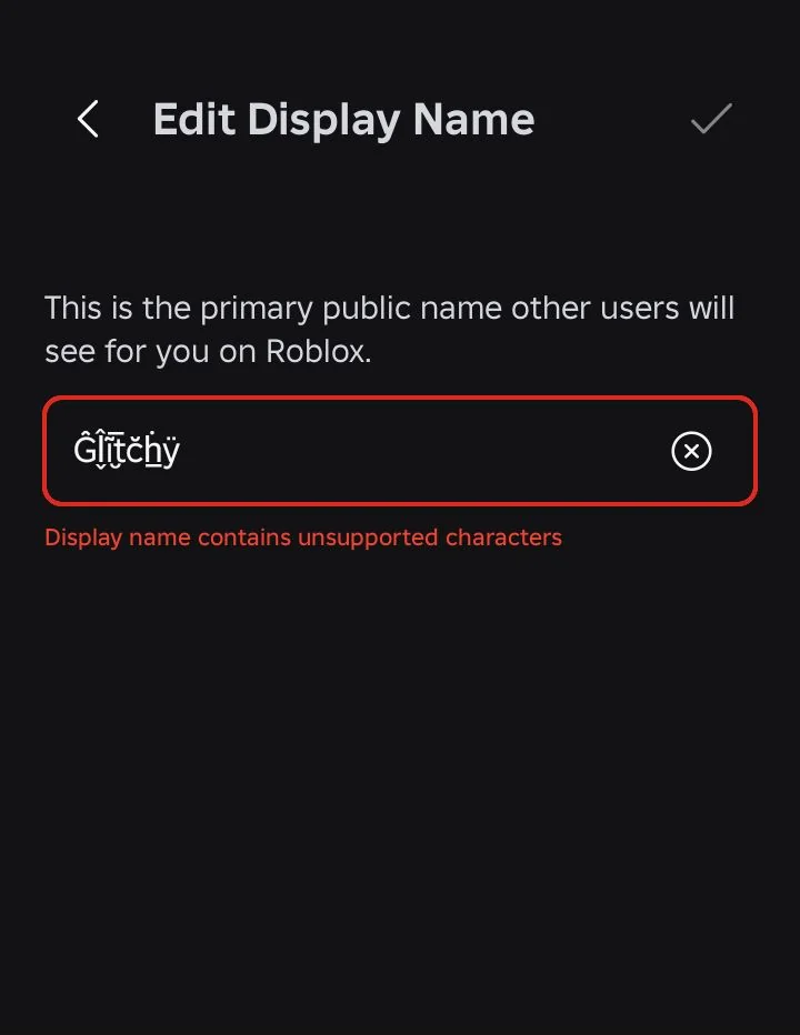 Roblox rejecting a styled display name on a Redmi A2+ with the message Display name contains unsupported characters