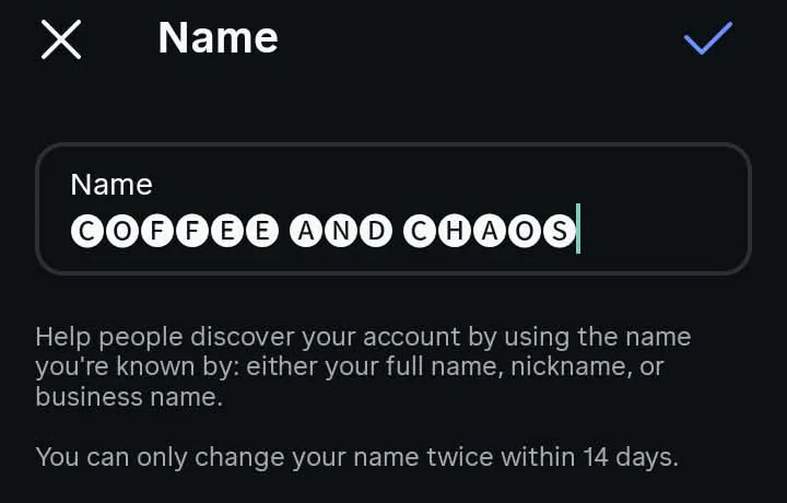 The Instagram Name field on a Redmi A2+ holding styled text in the Circled style, with Instagram's own note that a name can only be changed twice in 14 days