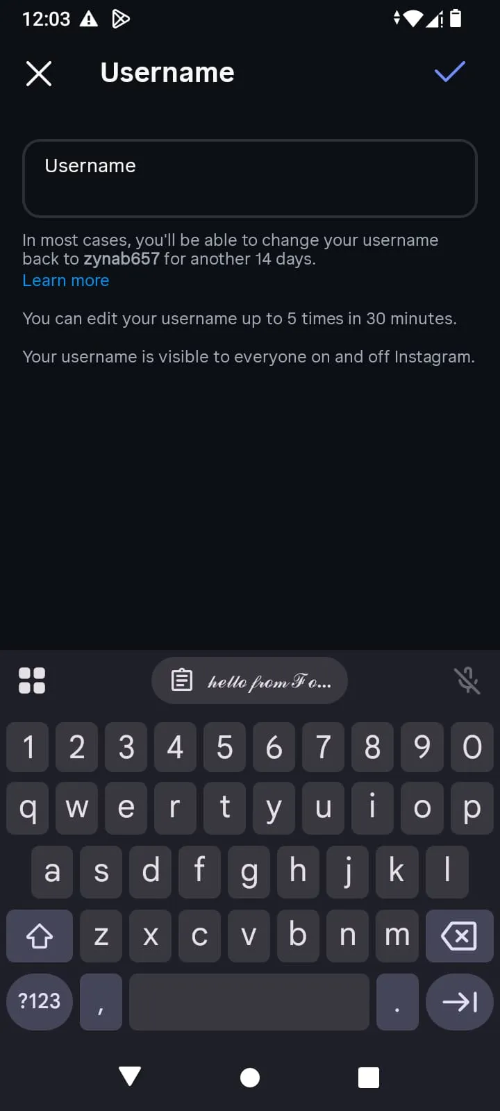 Instagram username field with the styled text waiting on the clipboard chip above the keyboard