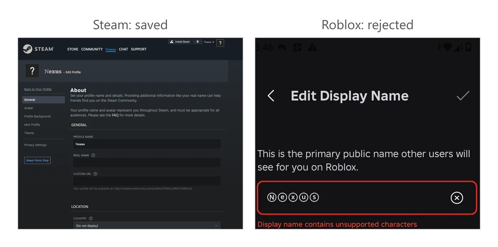 Steam Community with a saved double-struck profile name beside Roblox rejecting a circled display name as unsupported characters.