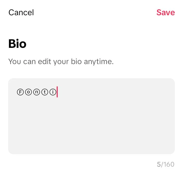 The TikTok bio field on a Redmi A2+ holding the circled word Fonti, with the counter reading 5 of 160