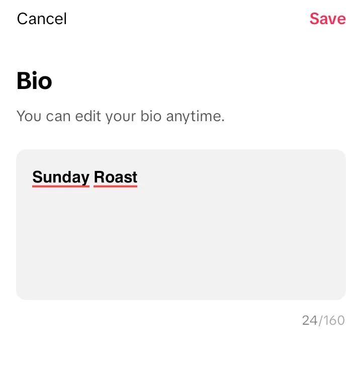 The TikTok bio field on a Redmi A2+ holding a 12-character line in Bold Sans, with the counter reading 24 of 160